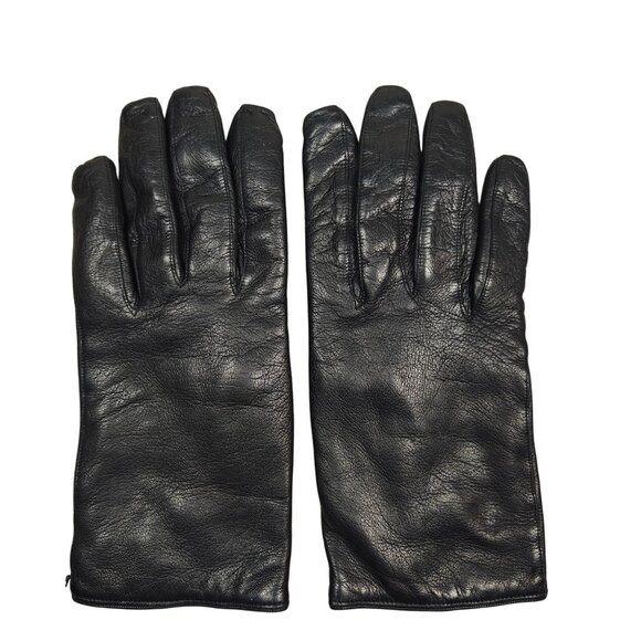 Vintage Womens Black Leather Gloves Size 7.5 Made In Italy Kaufmanns Wool Blend - Picture 1 of 6
